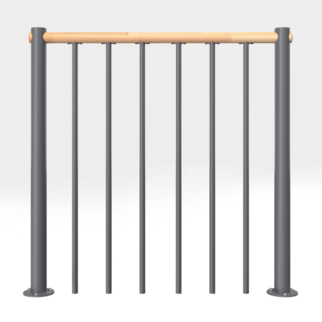 Brüstungsgeländer mit vertikalen Stäben und Holz-Handlauf