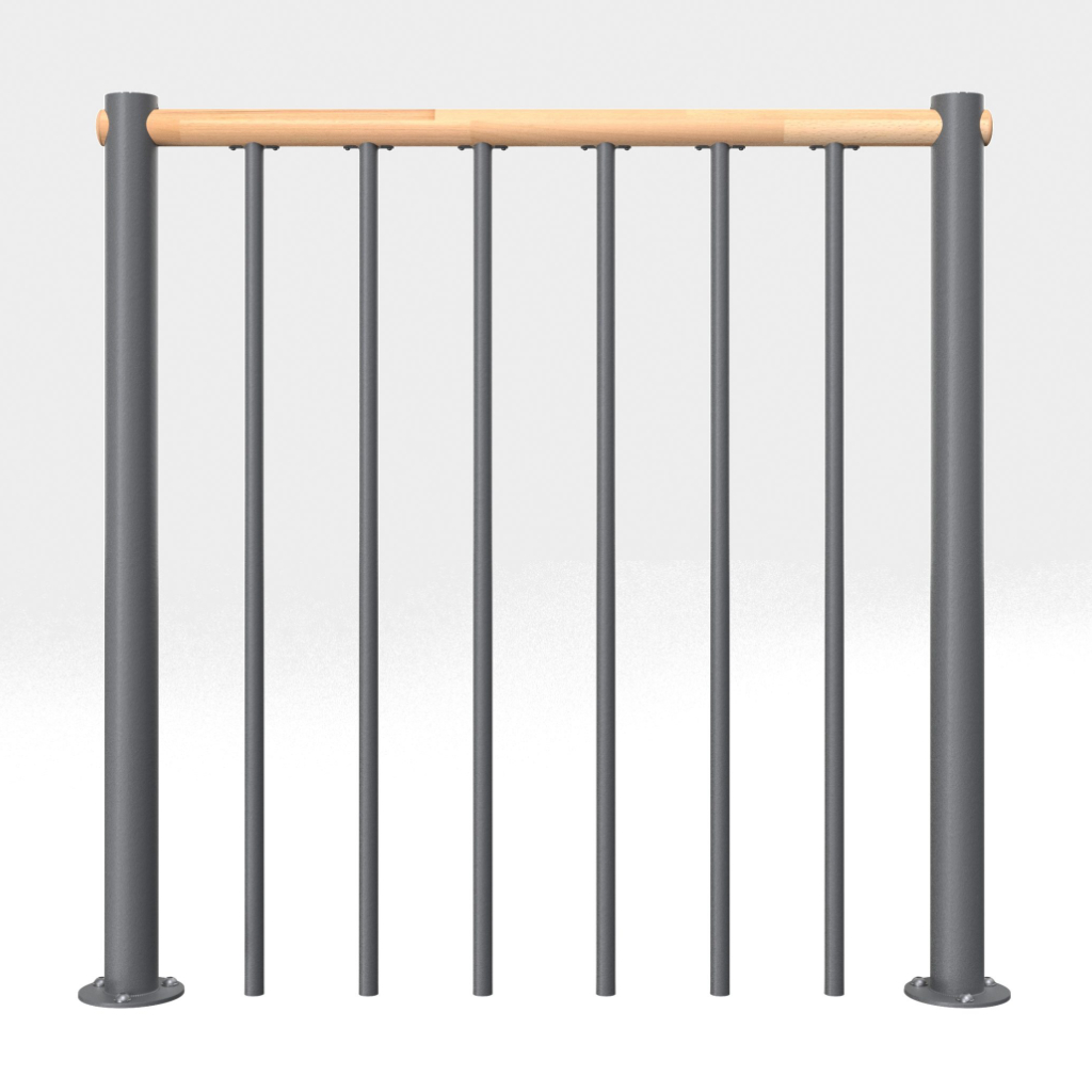 Brüstungsgeländer mit vertikalen Stäben und Holz-Handlauf
