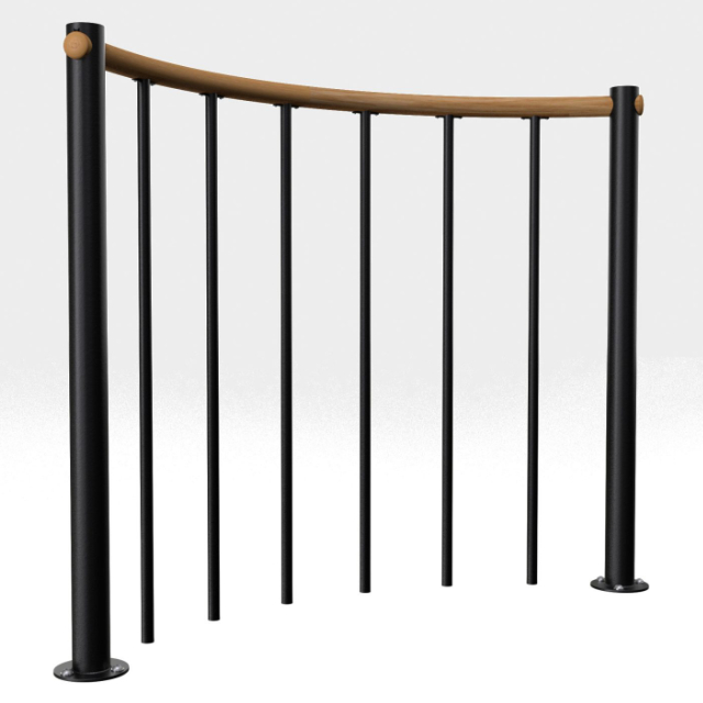 Brüstungsgeländer mit vertikalen Stäben und Holz-Handlauf rund