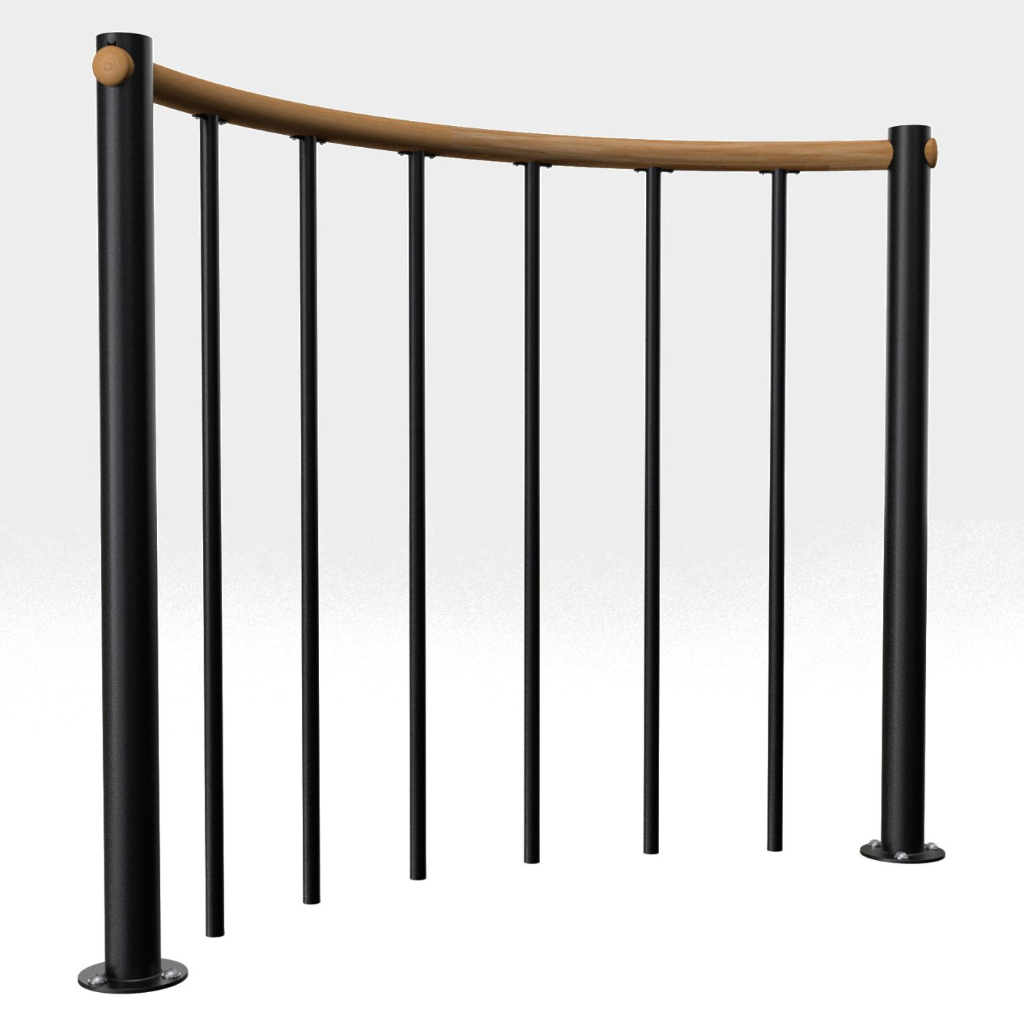 Brüstungsgeländer mit vertikalen Stäben und Holz-Handlauf rund